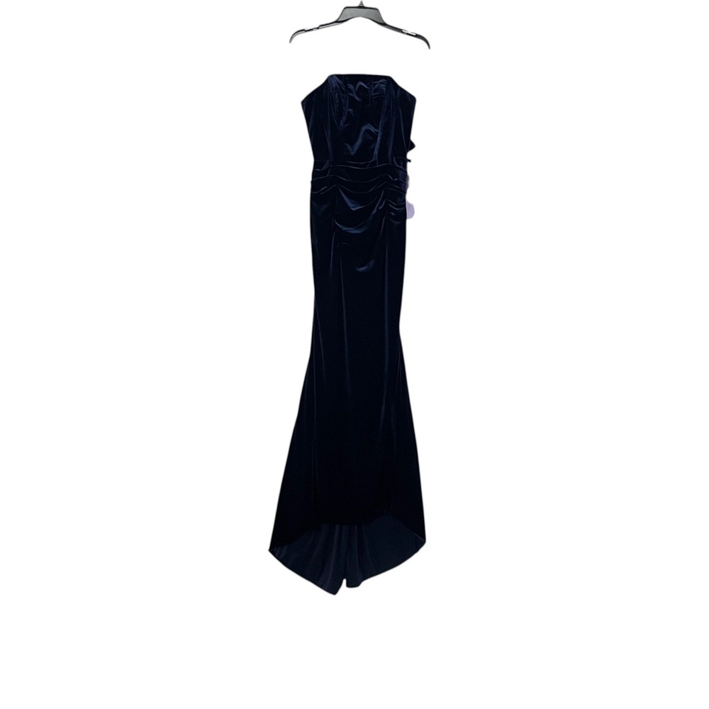 Miss Veil Navy Blue Velvet Strapless Corset Back Ruched High Low Mermaid Gown